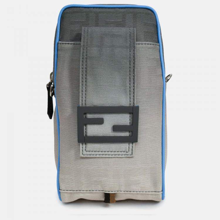 Pre Owned Fendi Grey Ombre Canvas Blue Trim Vertical Crossbody