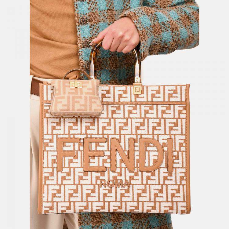 Pre Owned Fendi Brown/ White Leather/Canvas FF Zucca Sunshine Shopping Tote With Strap