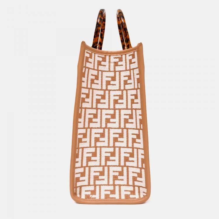 Pre Owned Fendi Brown/ White Leather/Canvas FF Zucca Sunshine Shopping Tote With Strap