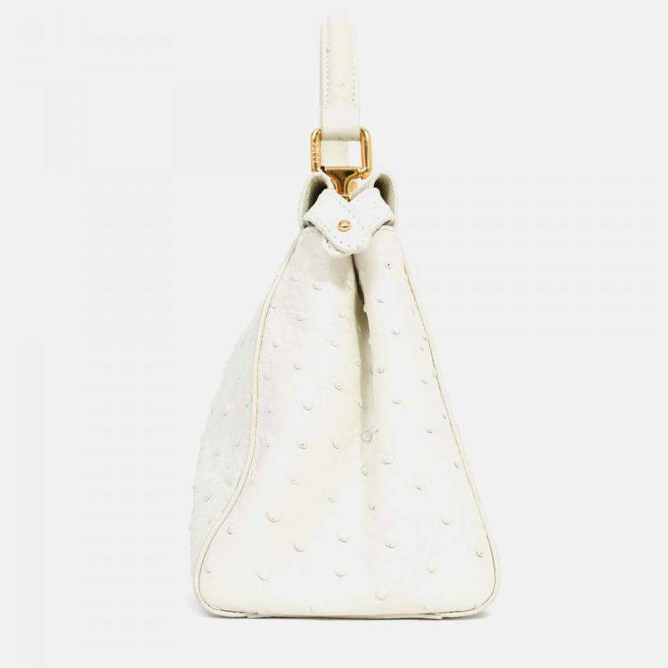 Pre Owned Fendi White Ostrich Leather Mini Peekaboo Bag with Strap
