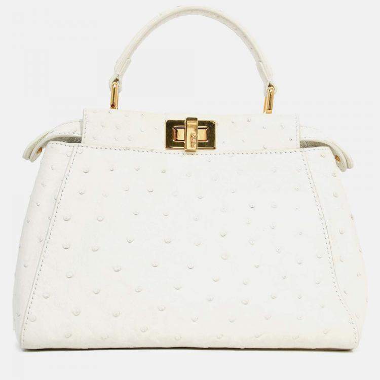 Pre Owned Fendi White Ostrich Leather Mini Peekaboo Bag with Strap