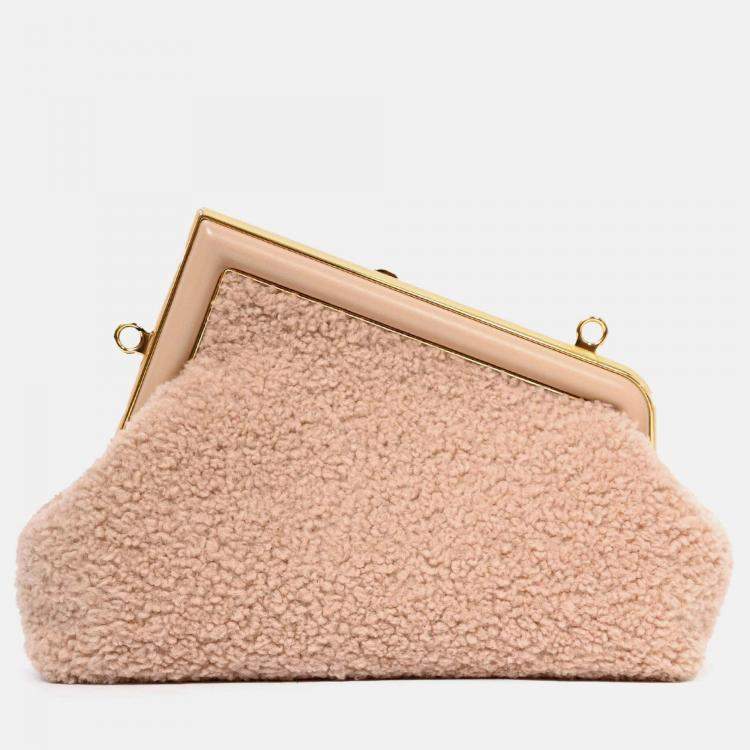 Pre Owned Fendi Pink Shearling Small First Clutch with Strap