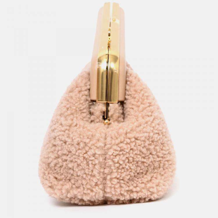 Pre Owned Fendi Pink Shearling Small First Clutch with Strap