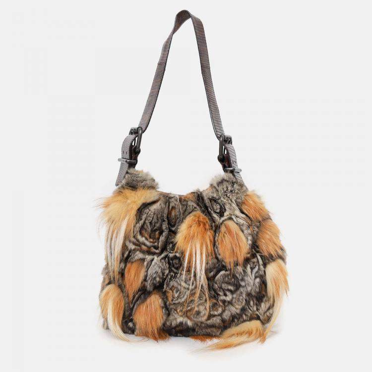Pre Owned Fendi Brown/Grey Chinchilla Fur Oyster Shoulder Bag