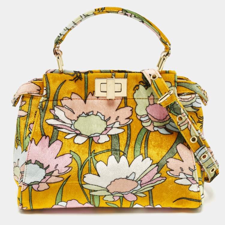Pre Owned Fendi Peekaboo Mini Multicolor Floral Velvet Top Handle Bag