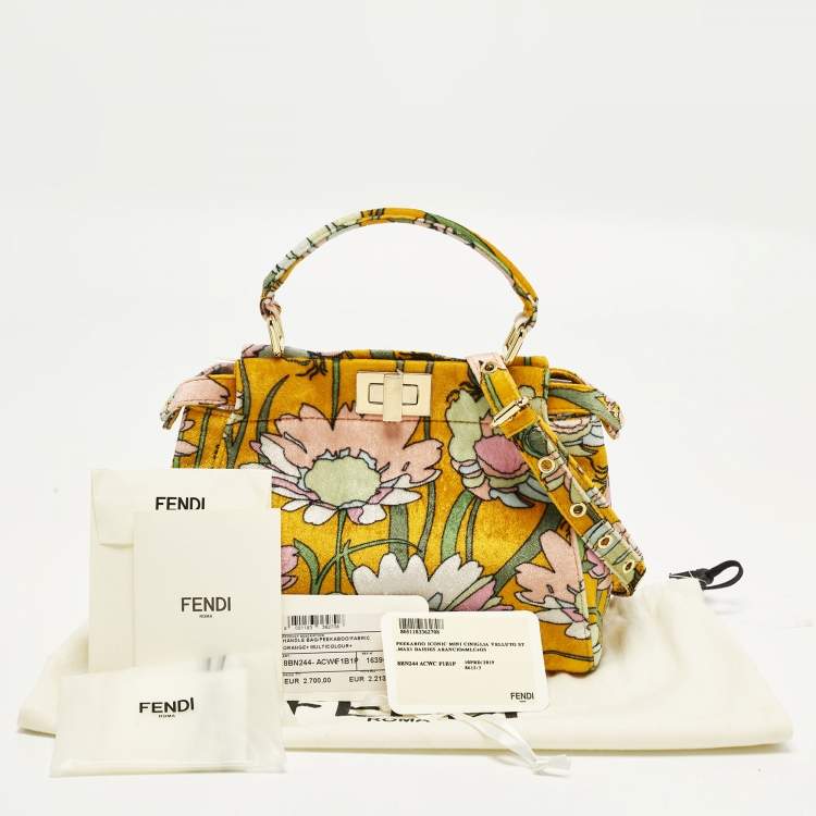 Pre Owned Fendi Peekaboo Mini Multicolor Floral Velvet Top Handle Bag