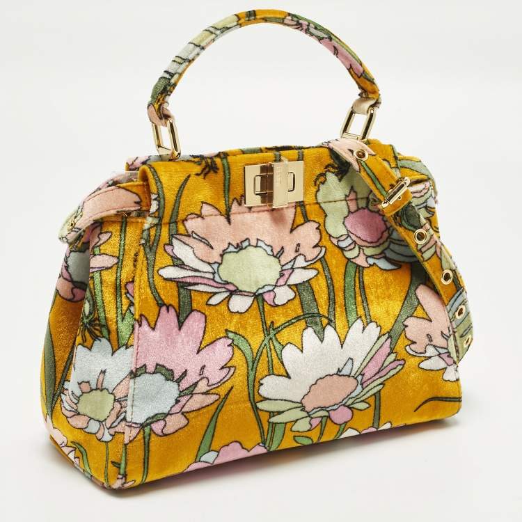 Pre Owned Fendi Peekaboo Mini Multicolor Floral Velvet Top Handle Bag