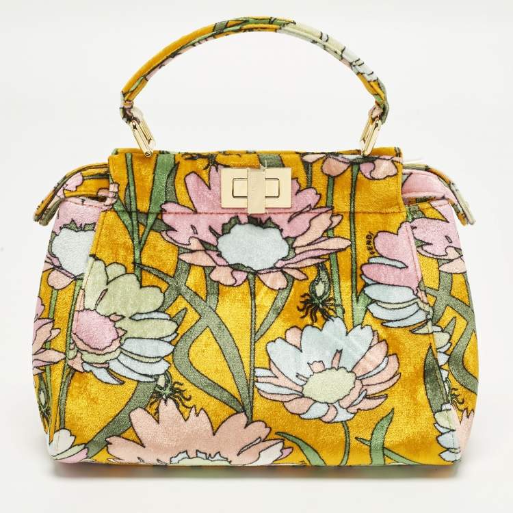 Pre Owned Fendi Peekaboo Mini Multicolor Floral Velvet Top Handle Bag