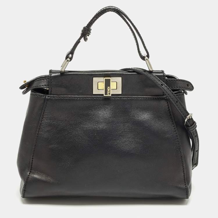 Pre Owned Fendi Peekaboo Mini Black Leather Top Handle Bag