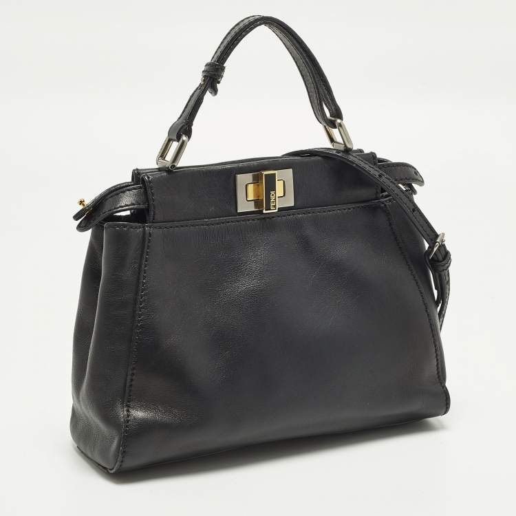 Pre Owned Fendi Peekaboo Mini Black Leather Top Handle Bag