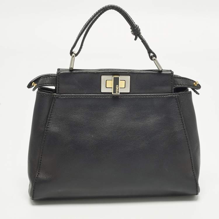 Pre Owned Fendi Peekaboo Mini Black Leather Top Handle Bag