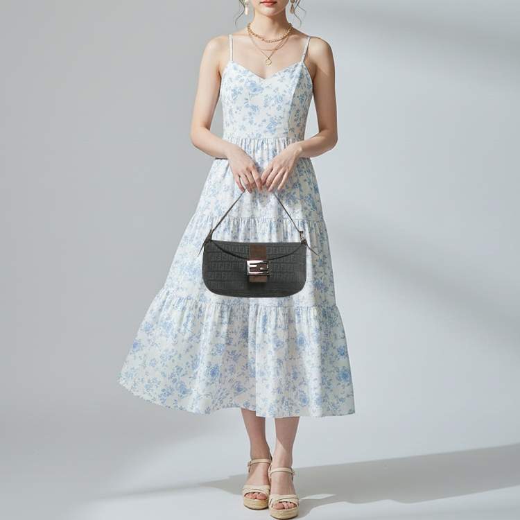 Pre Owned حقيبة باغيت فيندي قماش أبيض / أصفر وزخرفة جلد ثعبان عتيقة