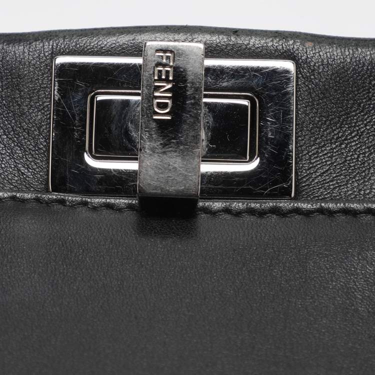 Pre Owned Fendi Ruffle Peekaboo Mini Black Leather Top Handle Bag