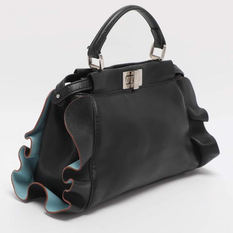 Pre Owned Fendi Ruffle Peekaboo Mini Black Leather Top Handle Bag