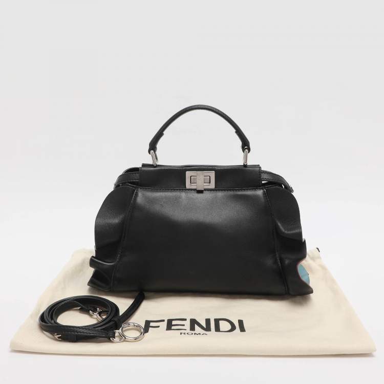 Pre Owned Fendi Ruffle Peekaboo Mini Black Leather Top Handle Bag