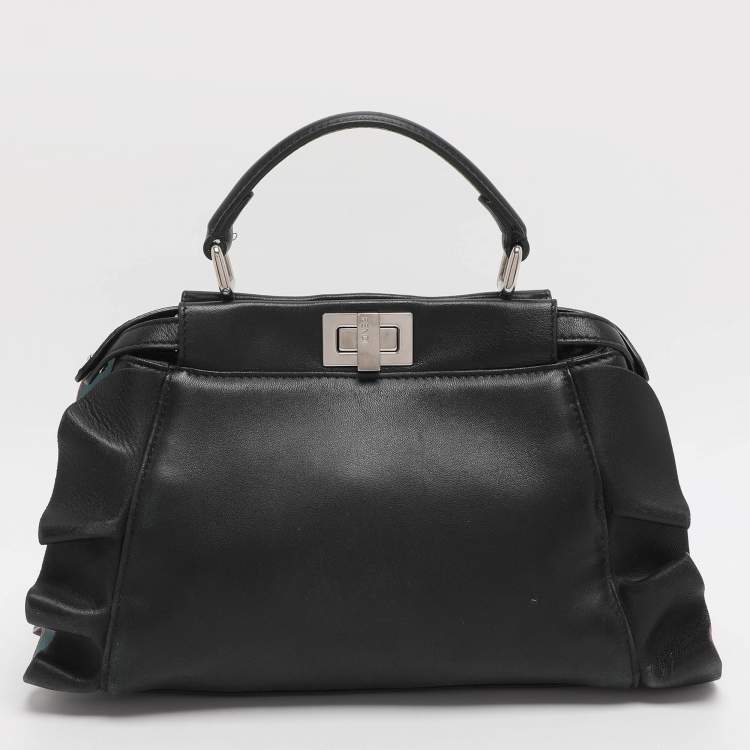 Pre Owned Fendi Ruffle Peekaboo Mini Black Leather Top Handle Bag