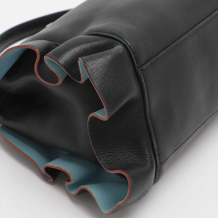 Pre Owned Fendi Ruffle Peekaboo Mini Black Leather Top Handle Bag