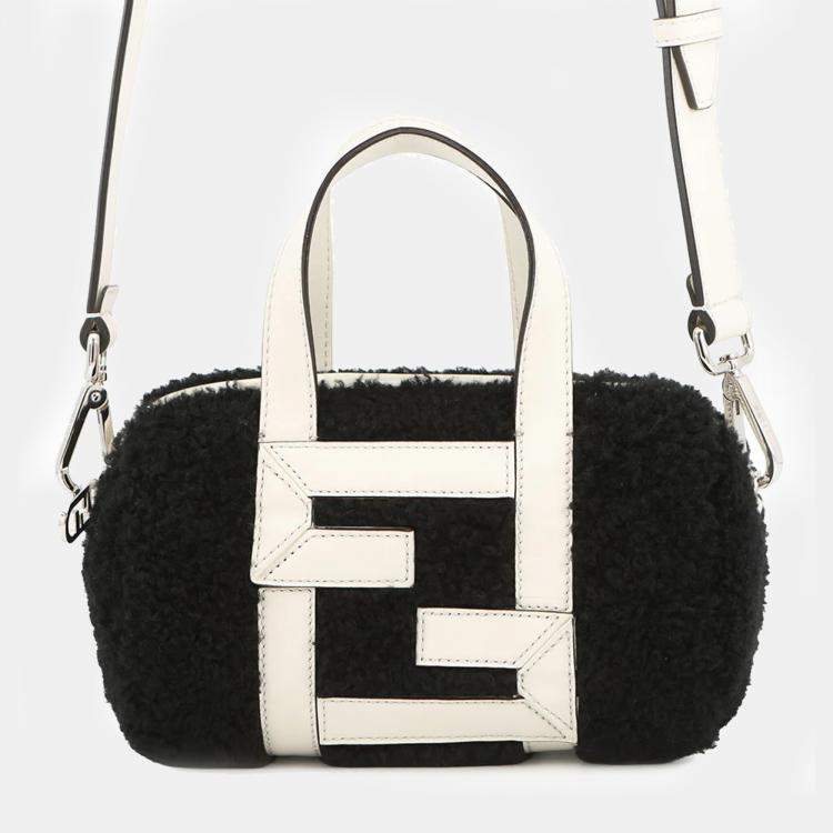 Pre Owned Fendi Zucca 2-Way Black White Fur Leather Mini Bag
