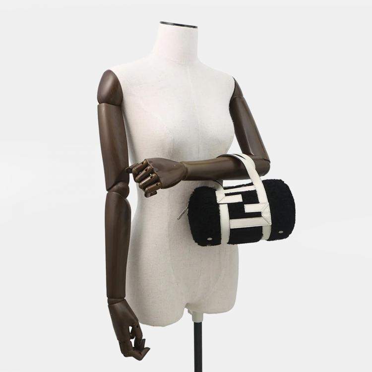 Pre Owned Fendi Zucca 2-Way Black White Fur Leather Mini Bag