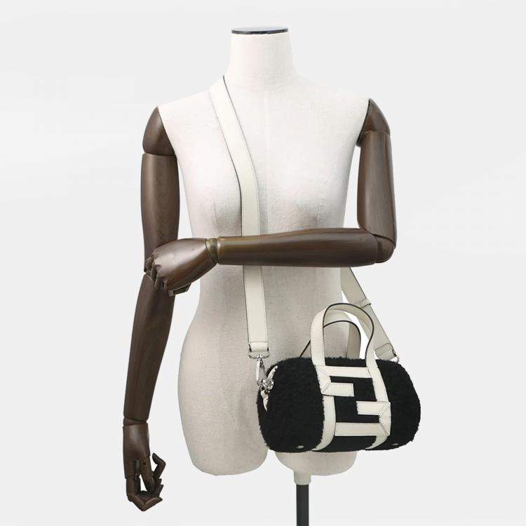 Pre Owned Fendi Zucca 2-Way Black White Fur Leather Mini Bag