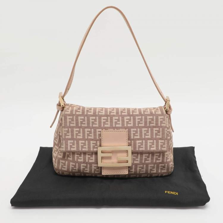 Pre Owned Fendi Mama Baguette Mini Pink Zucchino Canvas and Leather Bag