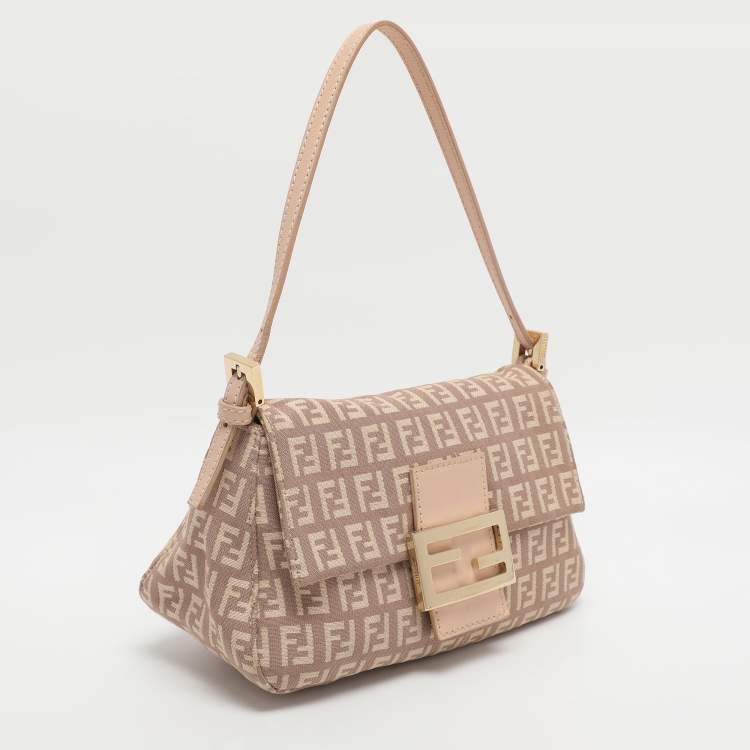 Pre Owned Fendi Mama Baguette Mini Pink Zucchino Canvas and Leather Bag