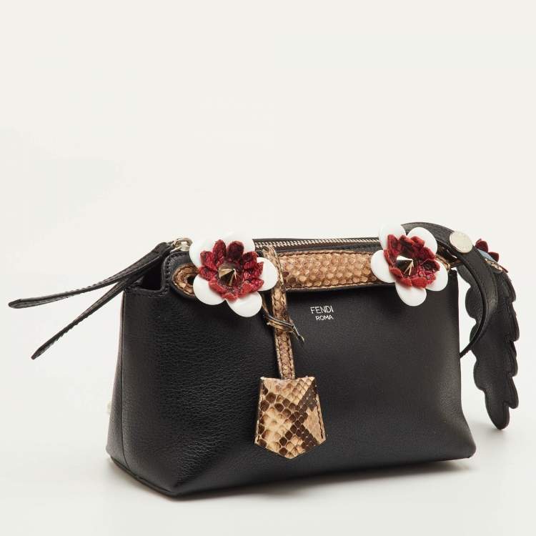 Pre Owned Fendi By The Way Mini Black Leather and Python Trim Flowerland Shoulder Bag