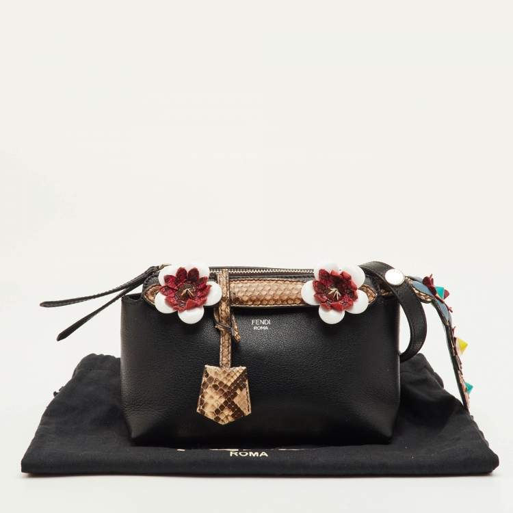 Pre Owned Fendi By The Way Mini Black Leather and Python Trim Flowerland Shoulder Bag