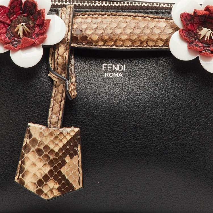 Pre Owned Fendi By The Way Mini Black Leather and Python Trim Flowerland Shoulder Bag