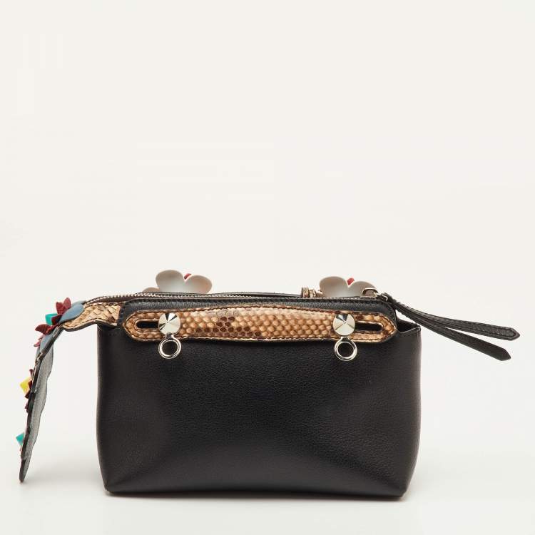 Pre Owned Fendi By The Way Mini Black Leather and Python Trim Flowerland Shoulder Bag