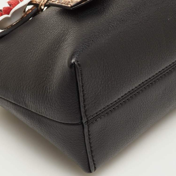 Pre Owned Fendi By The Way Mini Black Leather and Python Trim Flowerland Shoulder Bag