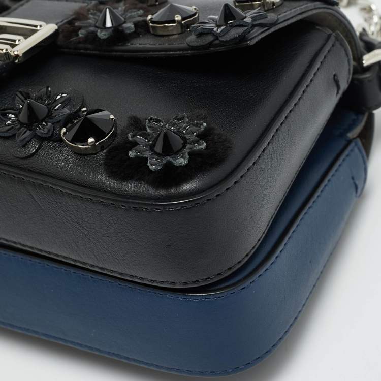 مملوكة مسبقًا Fendi Flowerland Micro Black/Blue Leather Double Baguette Bag