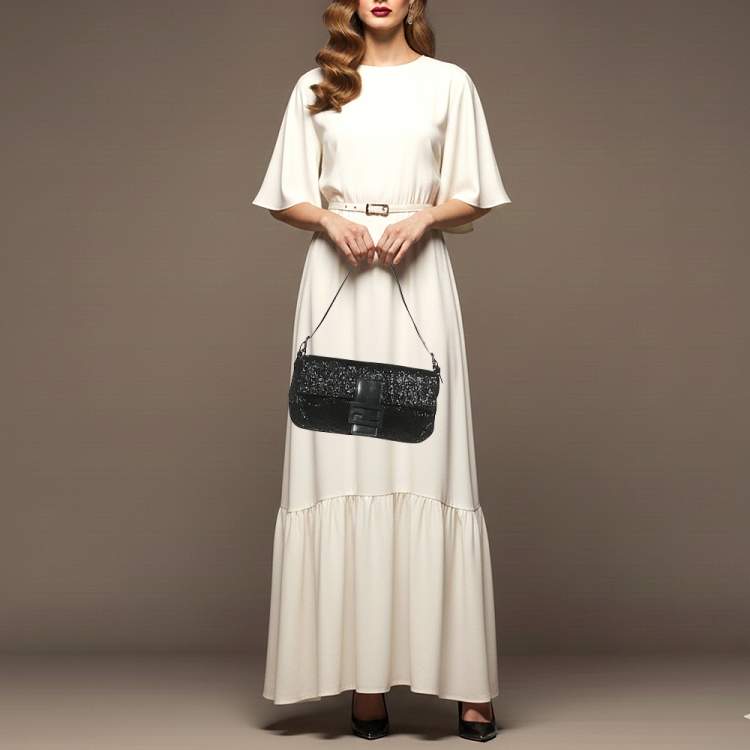مملوكة مسبقًا Fendi Baguette Black Beaded and Leather Flap Bag