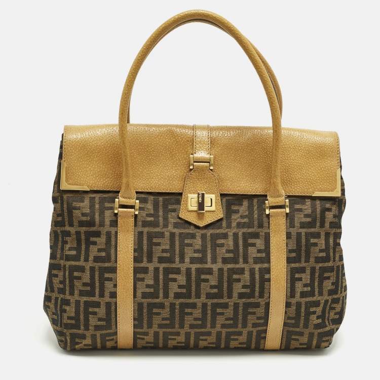 Pre Owned Fendi Linda Large Tobacco/Tan Zucca Canvas and Textured Leather Satchel