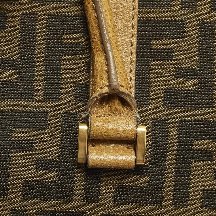 Pre Owned Fendi Linda Large Tobacco/Tan Zucca Canvas and Textured Leather Satchel