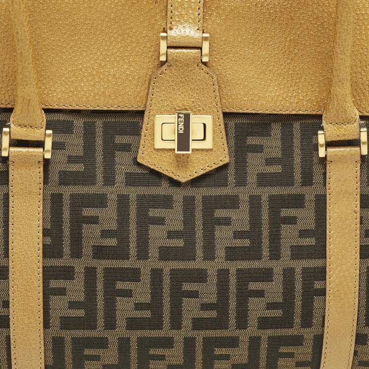 Pre Owned Fendi Linda Large Tobacco/Tan Zucca Canvas and Textured Leather Satchel
