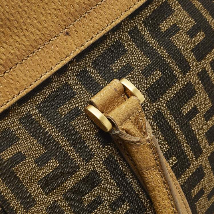 Pre Owned Fendi Linda Large Tobacco/Tan Zucca Canvas and Textured Leather Satchel