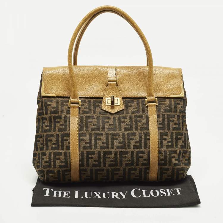Pre Owned Fendi Linda Large Tobacco/Tan Zucca Canvas and Textured Leather Satchel