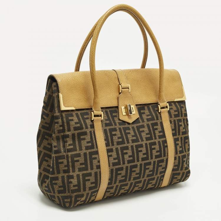 Pre Owned Fendi Linda Large Tobacco/Tan Zucca Canvas and Textured Leather Satchel