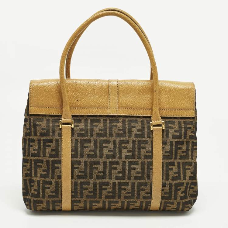 Pre Owned Fendi Linda Large Tobacco/Tan Zucca Canvas and Textured Leather Satchel
