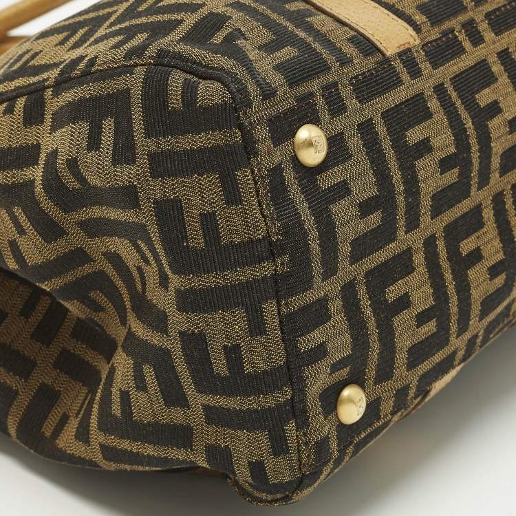 Pre Owned Fendi Linda Large Tobacco/Tan Zucca Canvas and Textured Leather Satchel