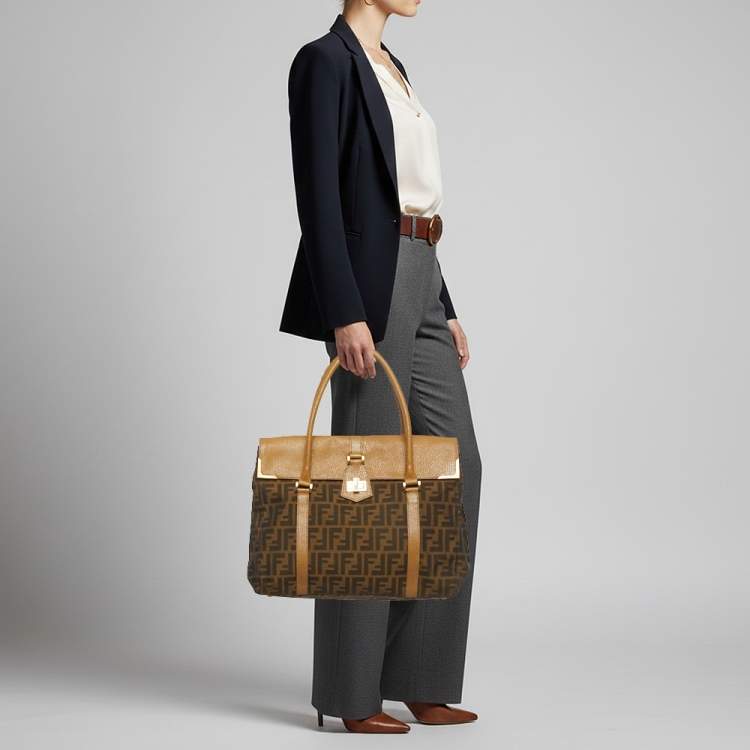 Pre Owned Fendi Linda Large Tobacco/Tan Zucca Canvas and Textured Leather Satchel