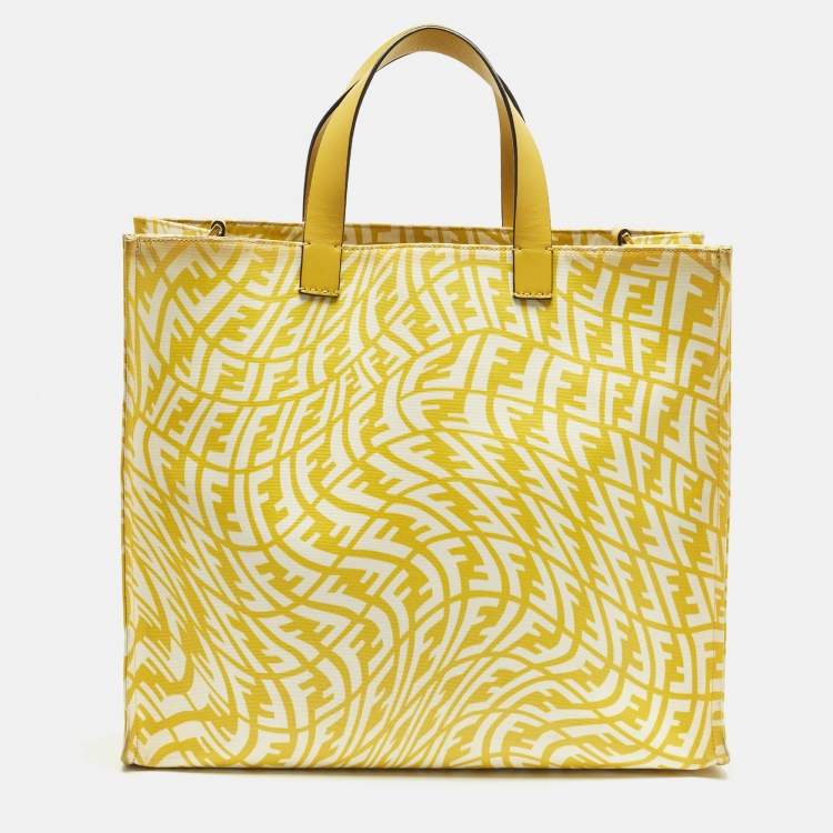 Pre Owned Fendi Mania Large Yellow/White FF Vertigo Coated Canvas Tote