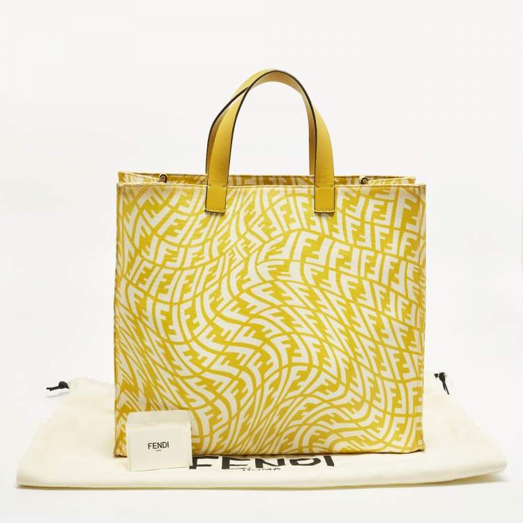 Pre Owned Fendi Mania Large Yellow/White FF Vertigo Coated Canvas Tote