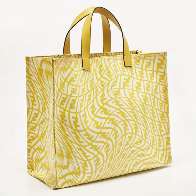 Pre Owned Fendi Mania Large Yellow/White FF Vertigo Coated Canvas Tote