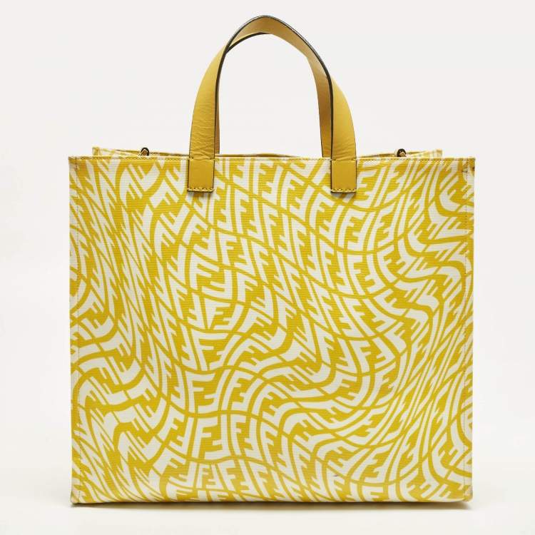 Pre Owned Fendi Mania Large Yellow/White FF Vertigo Coated Canvas Tote