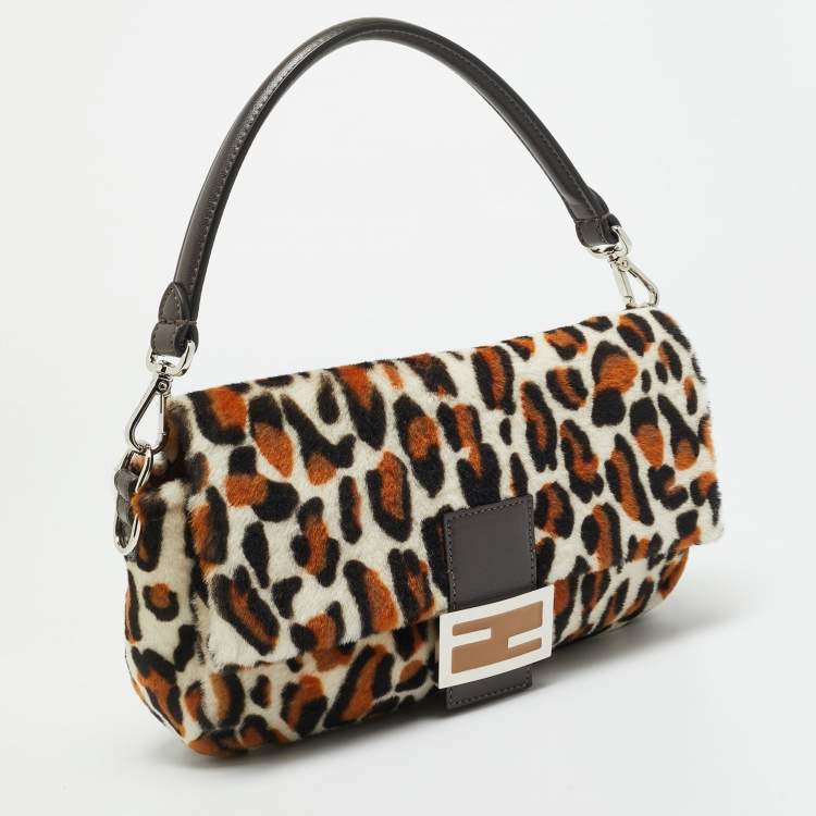 Pre Owned Fendi Re-Edition Baguette Multicolor Leopard Print Sheep Fur Bag