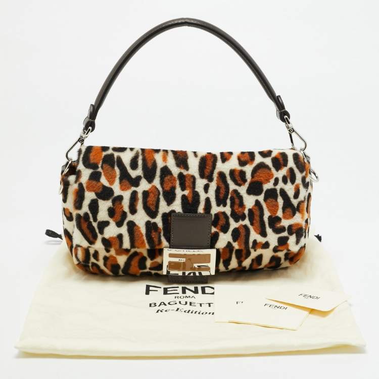 Pre Owned Fendi Re-Edition Baguette Multicolor Leopard Print Sheep Fur Bag