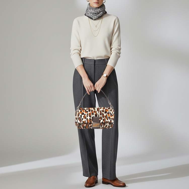 Pre Owned Fendi Re-Edition Baguette Multicolor Leopard Print Sheep Fur Bag