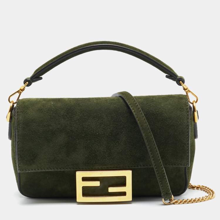 Pre Owned Fendi Baguette Mini Green Suede Shoulder Bag